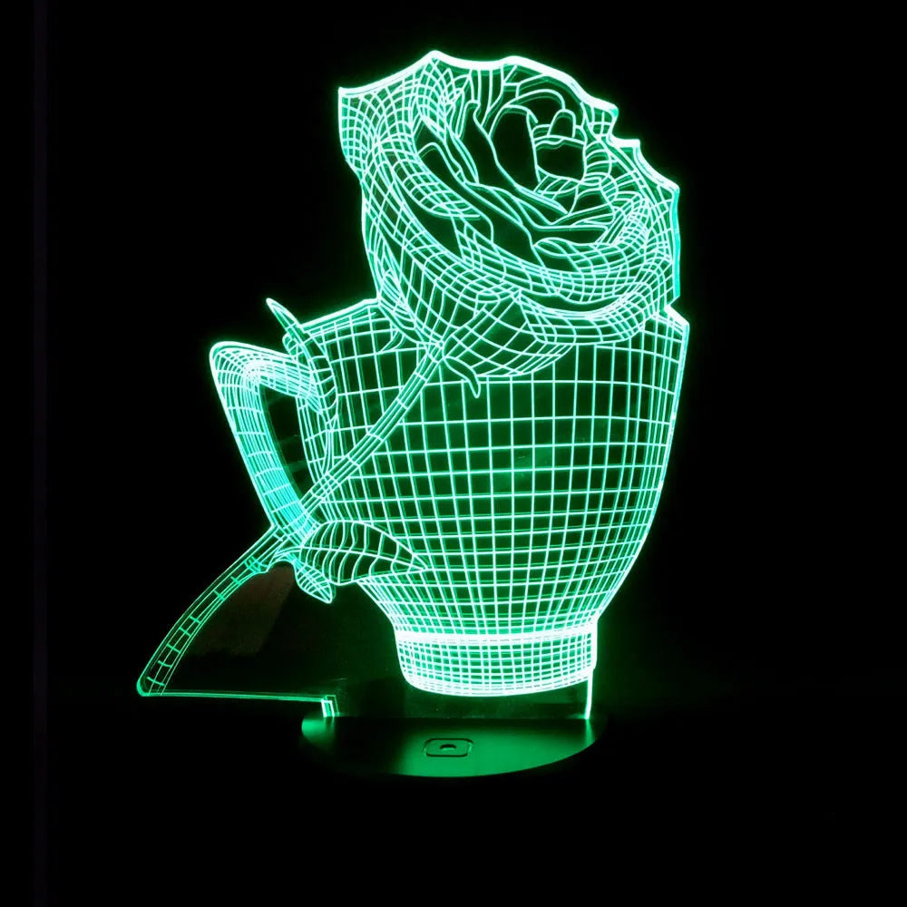 3D rose flower night light with acrylic panel and remote control showing multiple colour options
