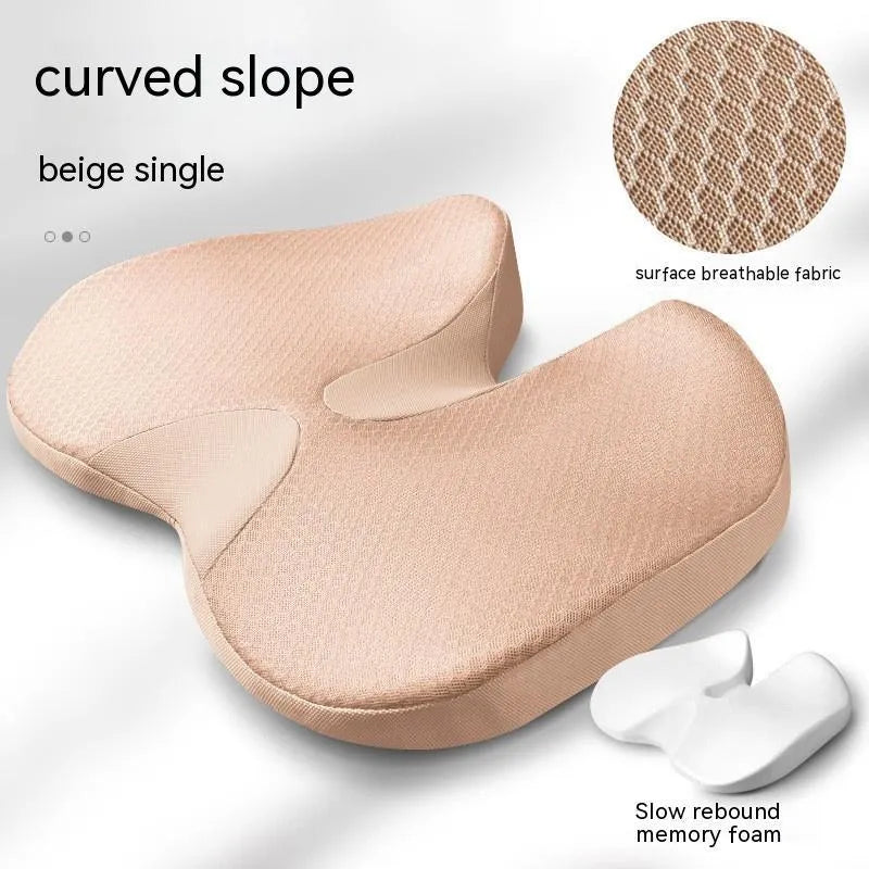 Curved bevel orthopaedic seat cushion for tailbone support in black, grey, brown or beige
