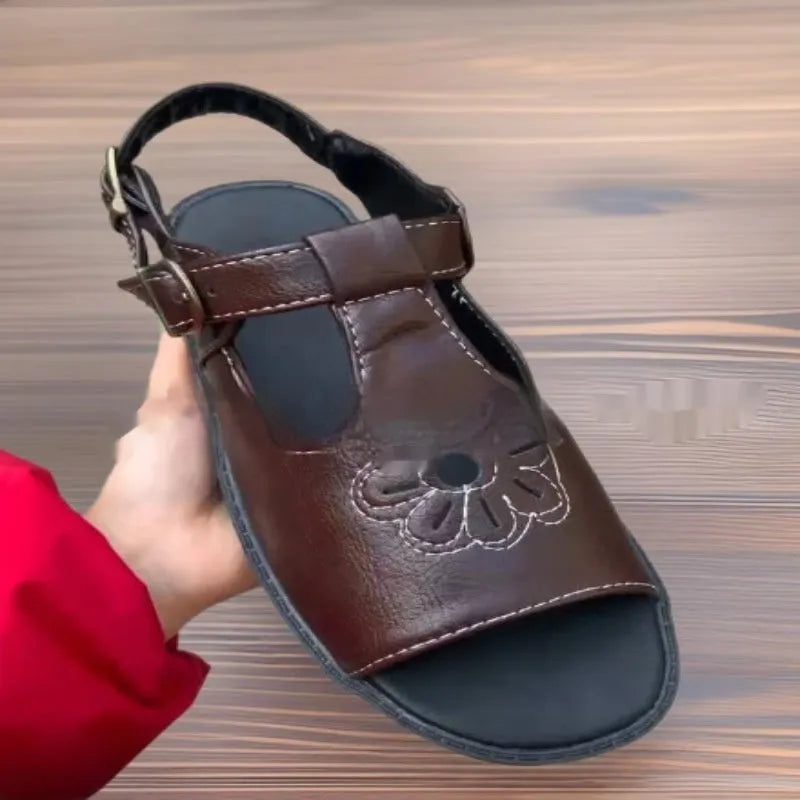 Men's black embroidered beach sandals with floral pattern on flat heel PU construction