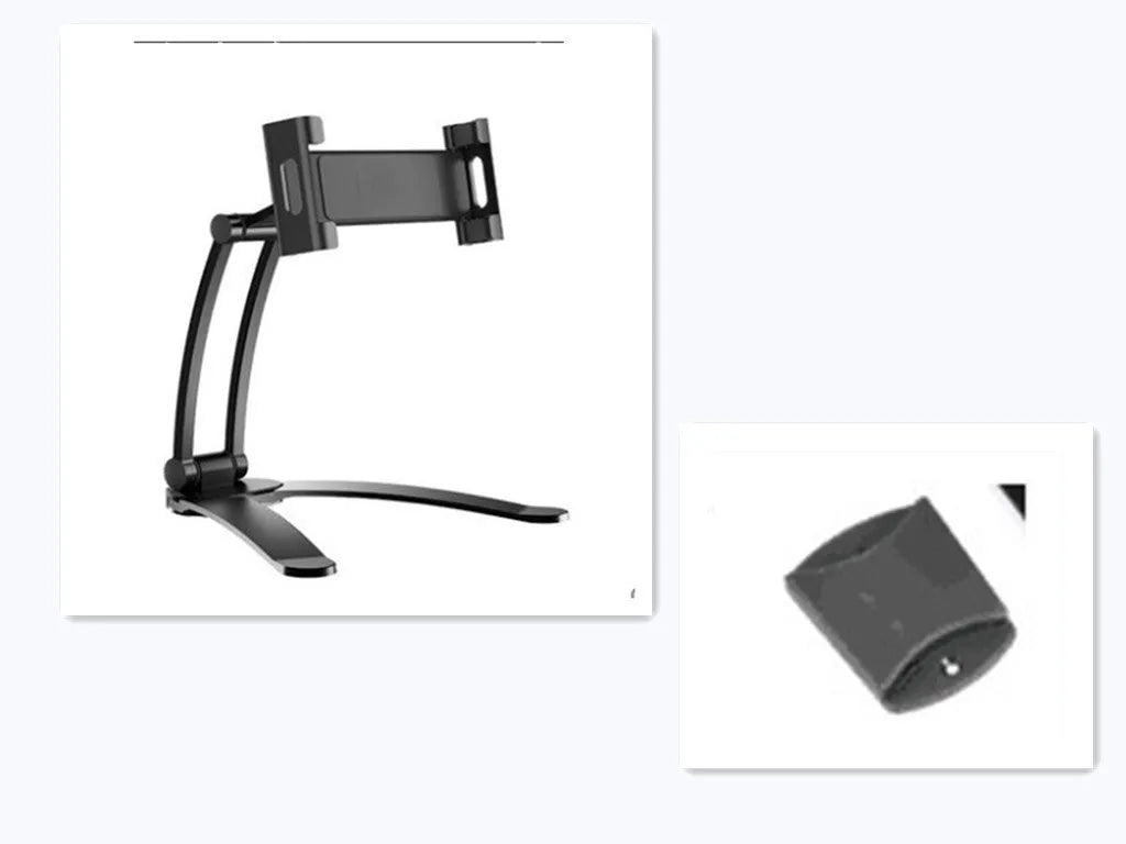 Silver aluminum alloy desktop stand holding a tablet at an adjustable angle.