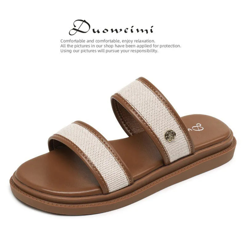 Women's brown vintage flip-flops with soft sole and artificial PU upper material