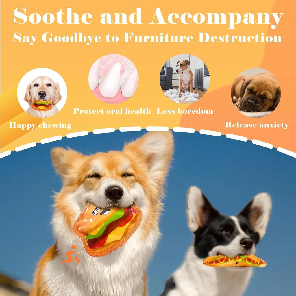 Hamburger-shaped crinkle and squeaky dog toys without stuffing for safe interactive play