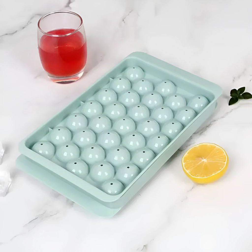 Blue 33-grid round silicone ice cube tray with lid for homemade ice