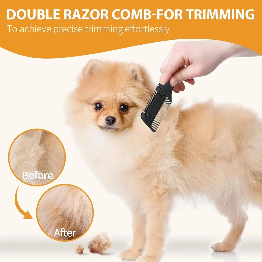 Pet razor comb for dogs and cats with replacement blades on a white background
