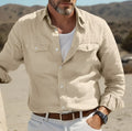 Men's loose fit long sleeve cotton linen summer shirt in solid green, sky blue, khaki, or white colour