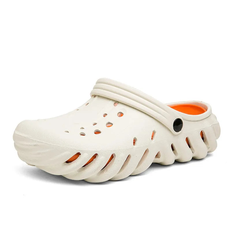 Men's beige hollow-out EVA slipper sandals with non-slip sole on a white background.
