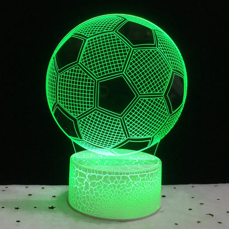3D acrylic football night light showing colour-changing LEDs on a black ABS base.