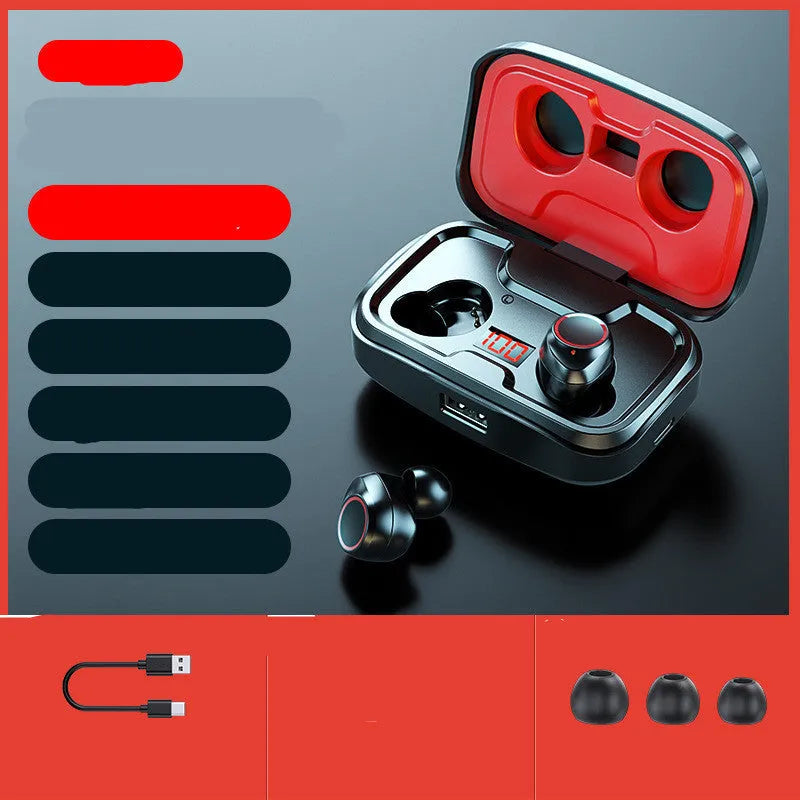 Black wireless in-ear headphones with Bluetooth 5.0 shown from the side.