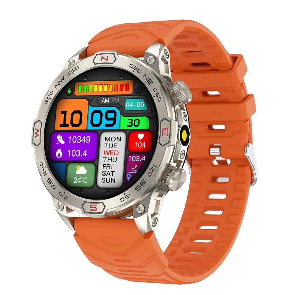 Sports smartwatch with AMOLED display on wrist showing heart rate monitoring interface