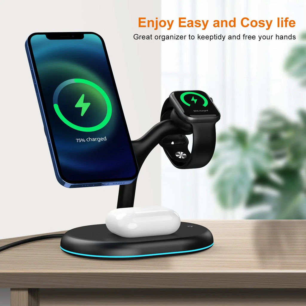 Black three-in-one magnetic wireless charger with ABS plastic casing on a desk.