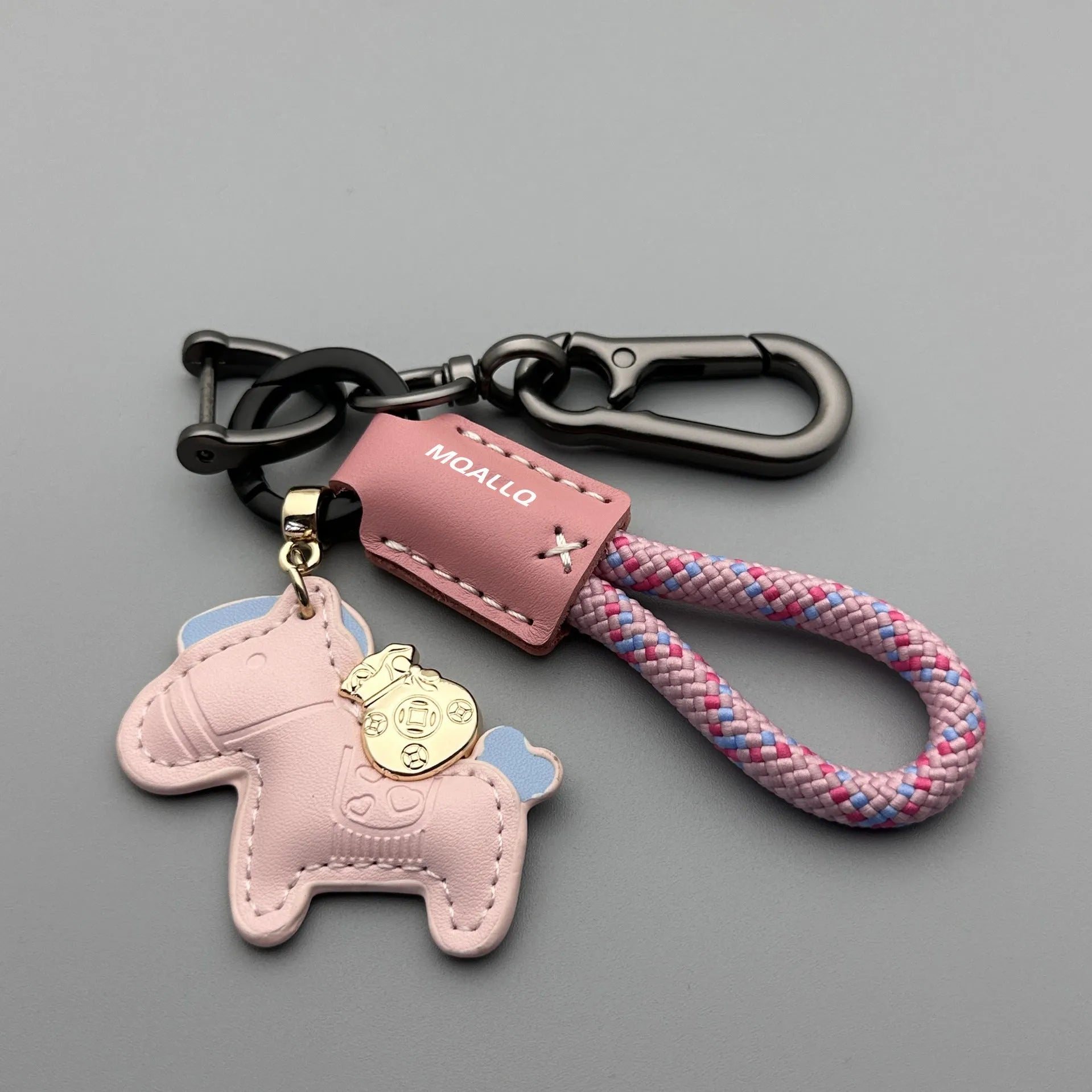 Handmade cowhide leather car key pendant with zinc alloy pony buckle and coloured flanelle rope