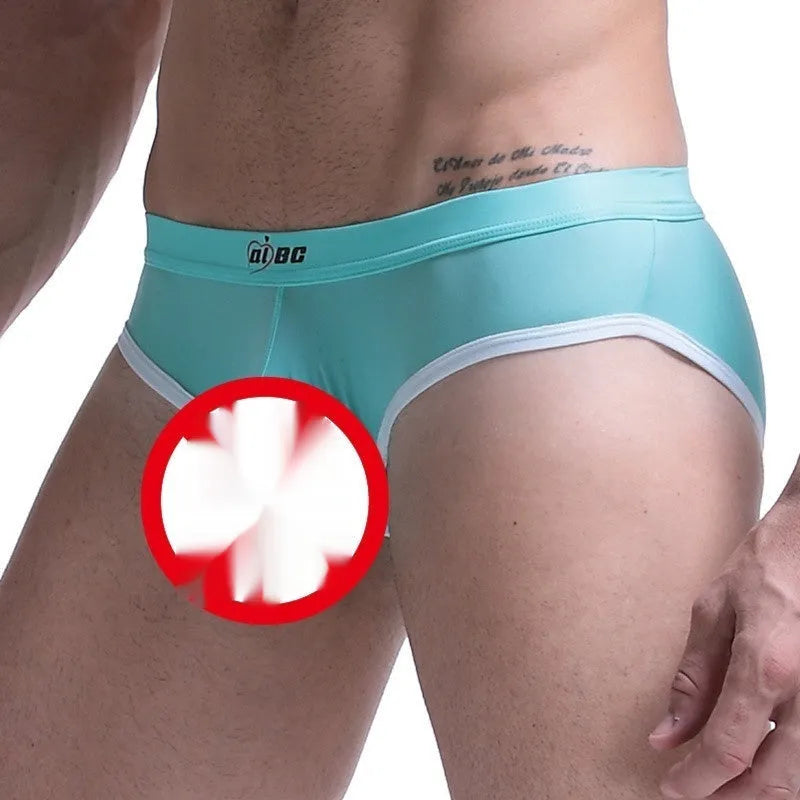 Men's mid-waist ice silk briefs in army green showing thin nylon fabric and bullet separation pouch design.