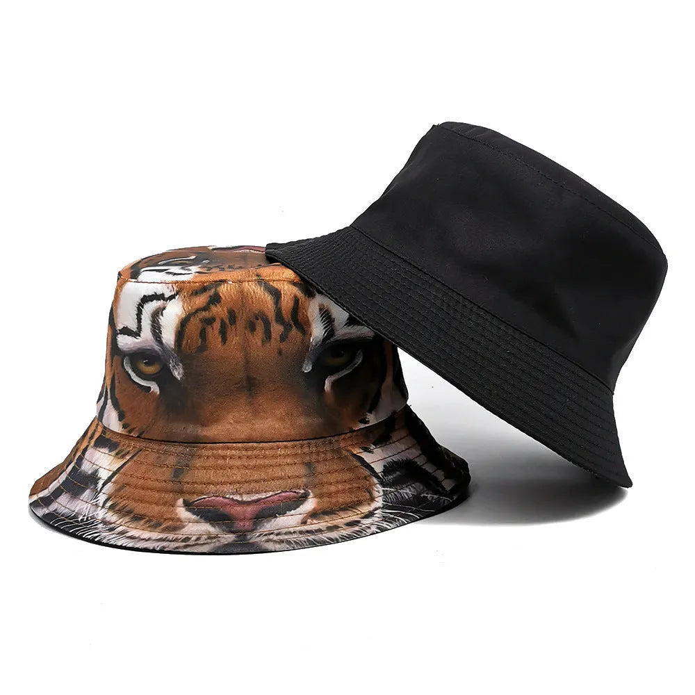 Tiger pattern polyester bucket hat with dome crown in khaki or black colour