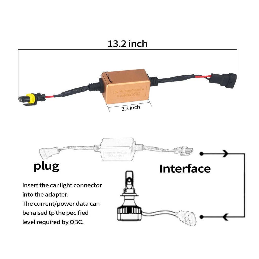 Black alloy LED Canbus decoder for H4 H7 H11 car headlight bulbs on a white background.