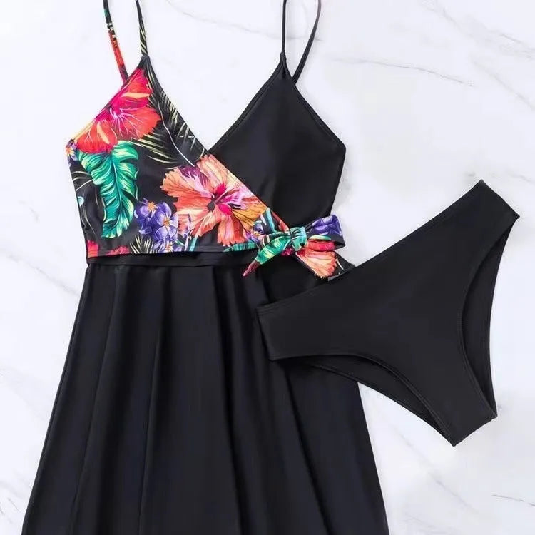 Women's black high waist briefs with split bikini construction and printed design for swimming and sports
