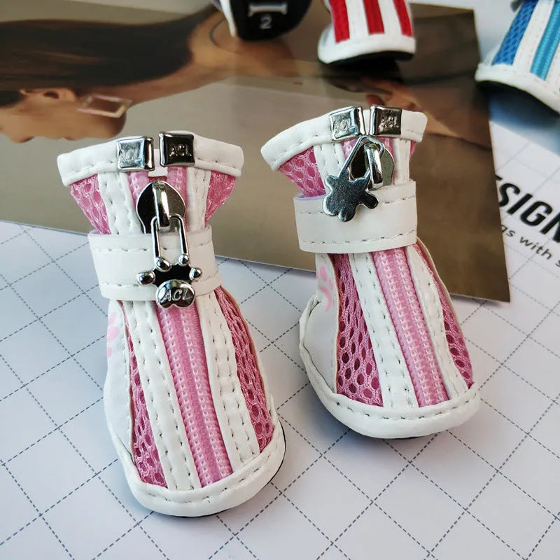 VIP-branded cloth dog sneakers with zipper closures in blue, pink or red colours