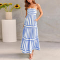 Women's striped long summer dress with suspenders, a square neck, backless design, and side pockets.
