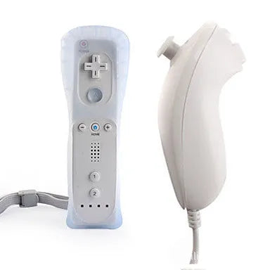 Wii left and right wireless gamepad controllers in multiple colours with rubber sleeve on right-hand unit