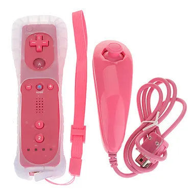 Wii left and right wireless gamepad controllers in multiple colours with rubber sleeve on right-hand unit