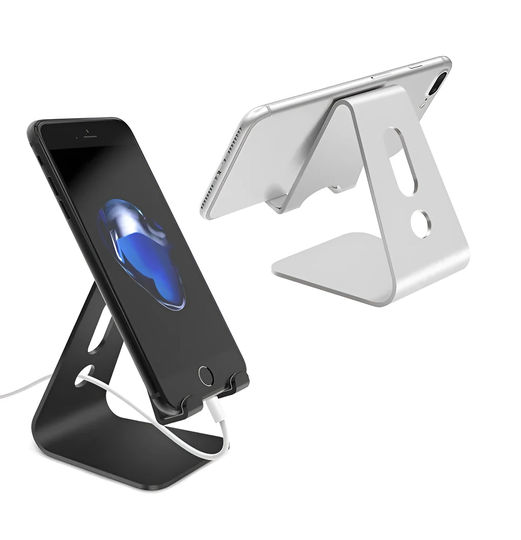 Aluminium phone stand in choice of black, red, rose gold, or silver, holding a smartphone.