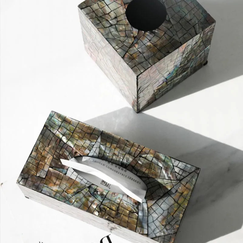 Natural shell tissue box with removable organisation compartments in modern simplicity design