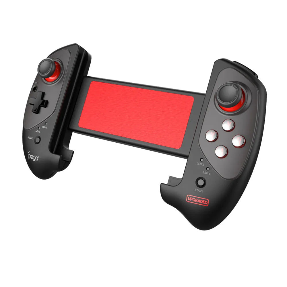 Red telescopic Bluetooth gamepad controller extended with smartphone showing Android and iOS compatibility