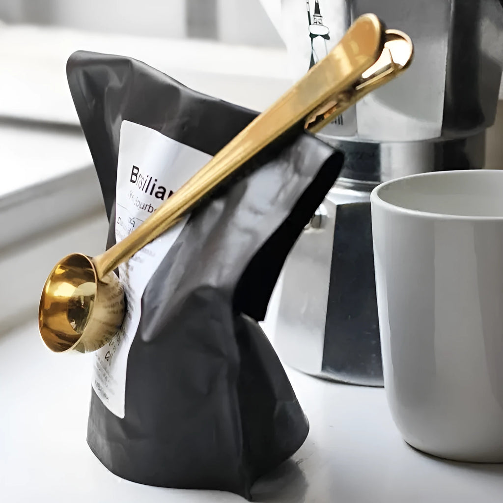 Silver stainless steel coffee clip spoon with measuring scoop and bag sealing clip