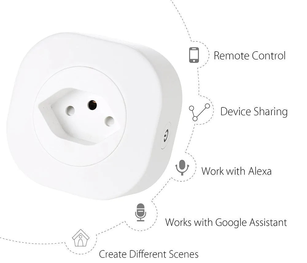 White smart socket plug with voice control, dimensions 70x70x72mm