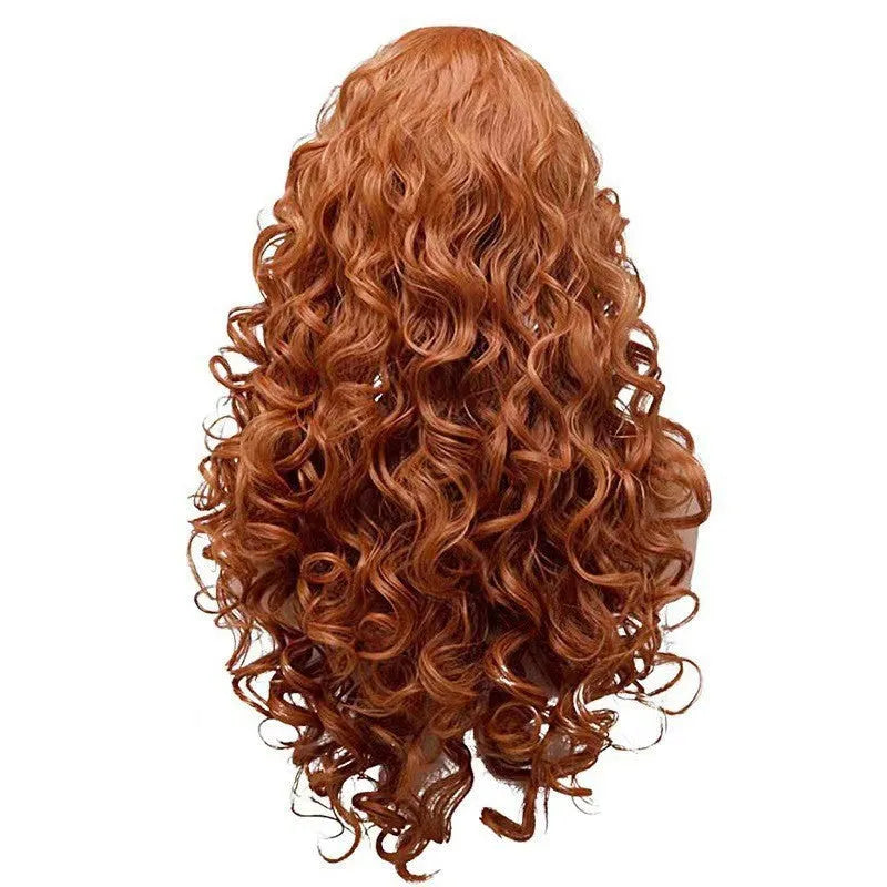Brown long wavy curly synthetic wig for ladies Halloween cosplay on wig head