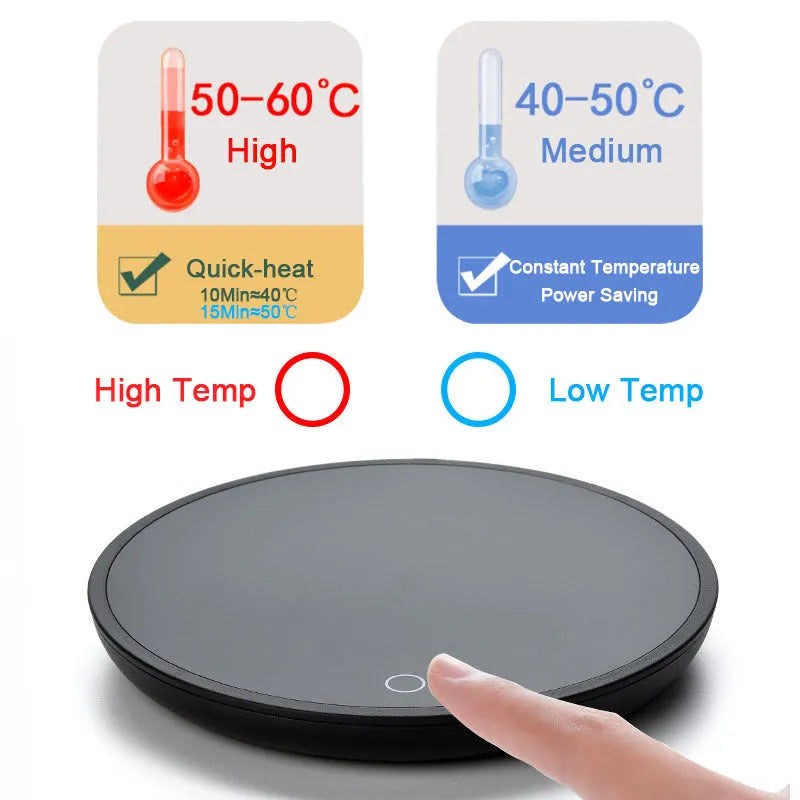 Black coffee mug warmer on desk showing 12cm diameter and low/high temperature switch