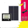 Black solar powered garden flood light with remote control for outdoor security or pathway illumination