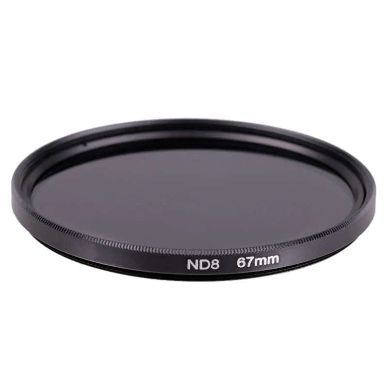 ND8 camera filter in aviation aluminium frame with optical resin lens showing thread size markings