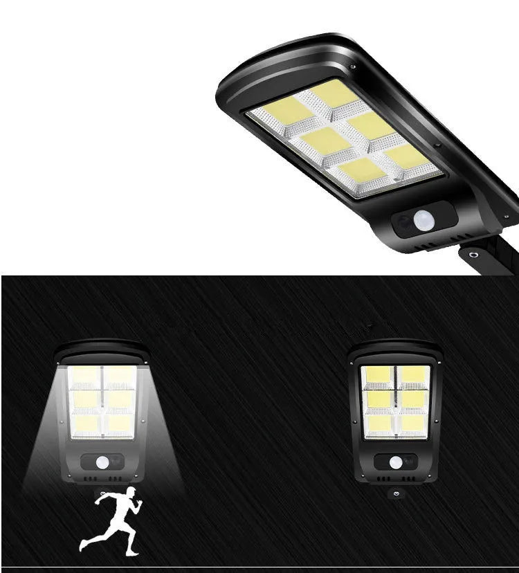 Black outdoor solar-powered motion sensor security light mounted on a wall.