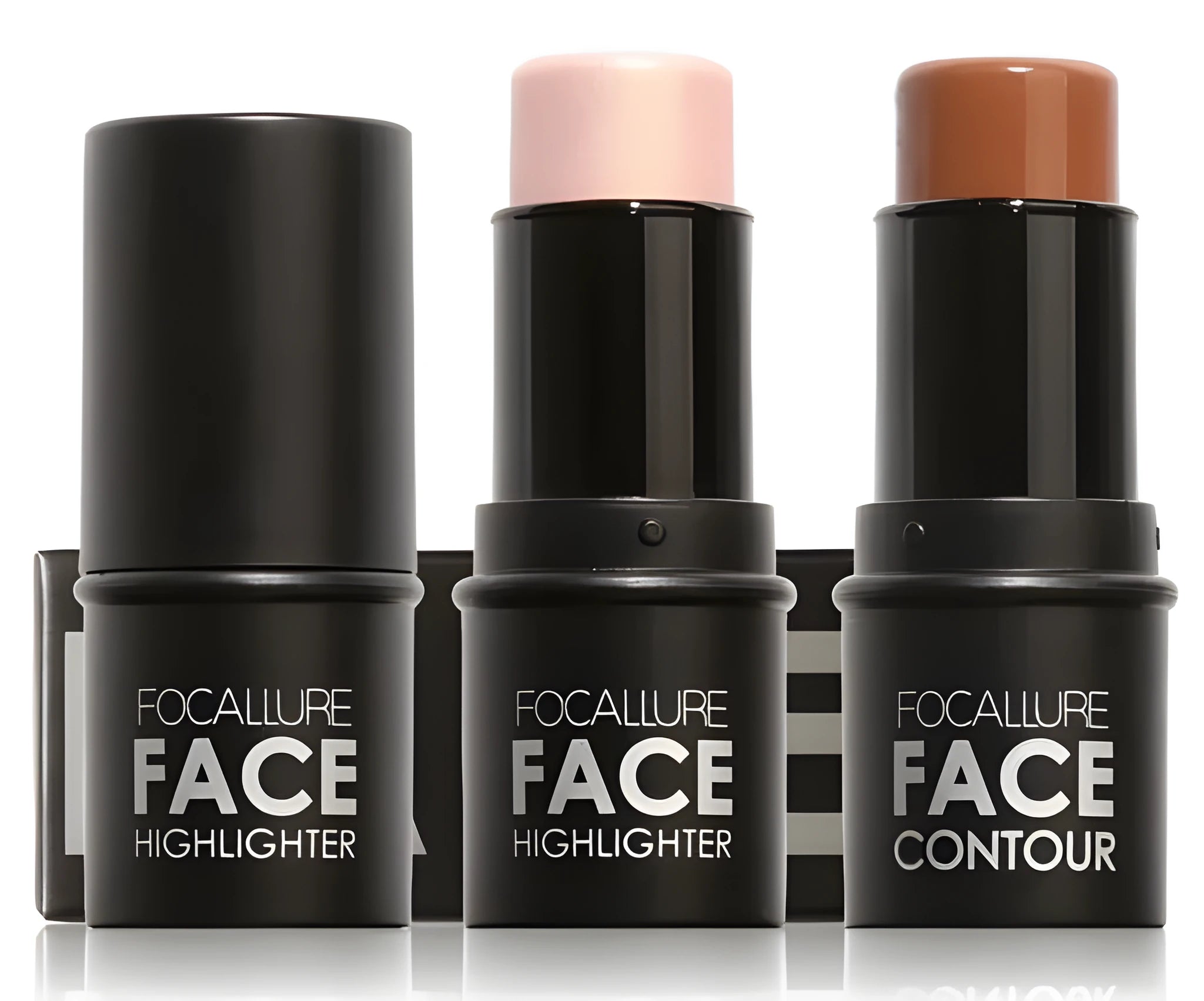 Face contour highlighter makeup product shown in four shade options A, B, C, D for sculpting features.