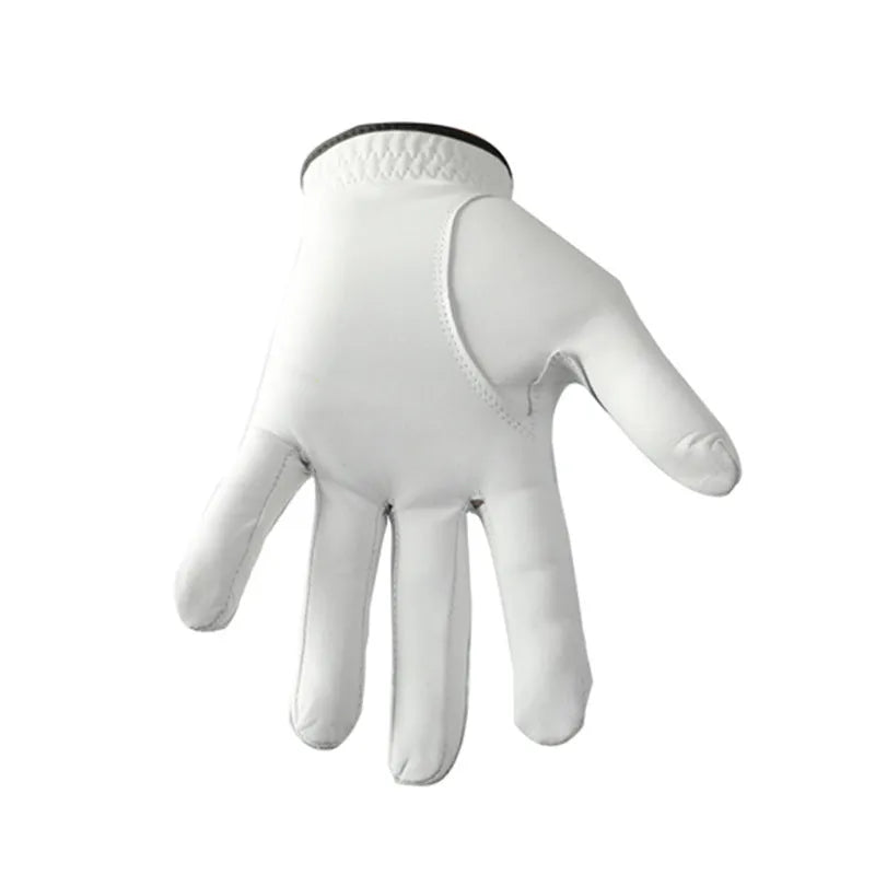 Men's white half sheepskin golf glove shown flat, highlighting the non-slip material.