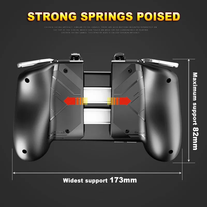 OEM adjustable telescopic mobile game controller handle in black, blue, and white colours for smartphones.