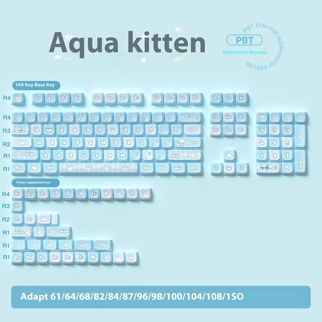 Watercolour kitten custom PBT keycap set for mechanical keyboards, showing 138-key and 158-key full set options