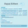 Watercolour kitten custom PBT keycap set for mechanical keyboards, showing 138-key and 158-key full set options