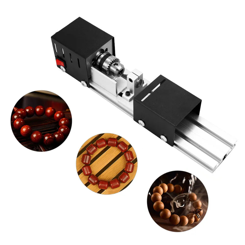 Mini metal woodworking lathe with carving knives and accessories for small craft projects