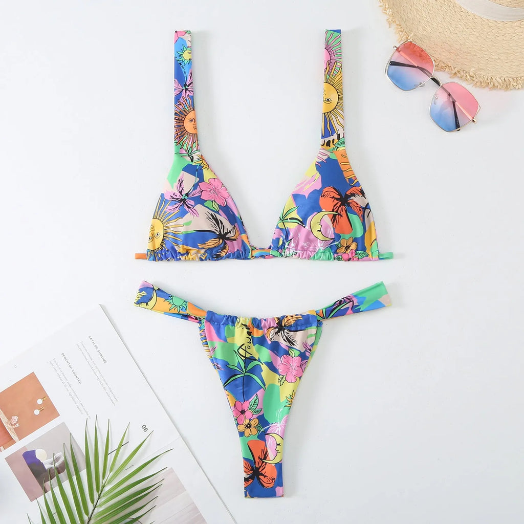 Women's floral printed bikini swimsuit in multi-colour pattern with brief style design