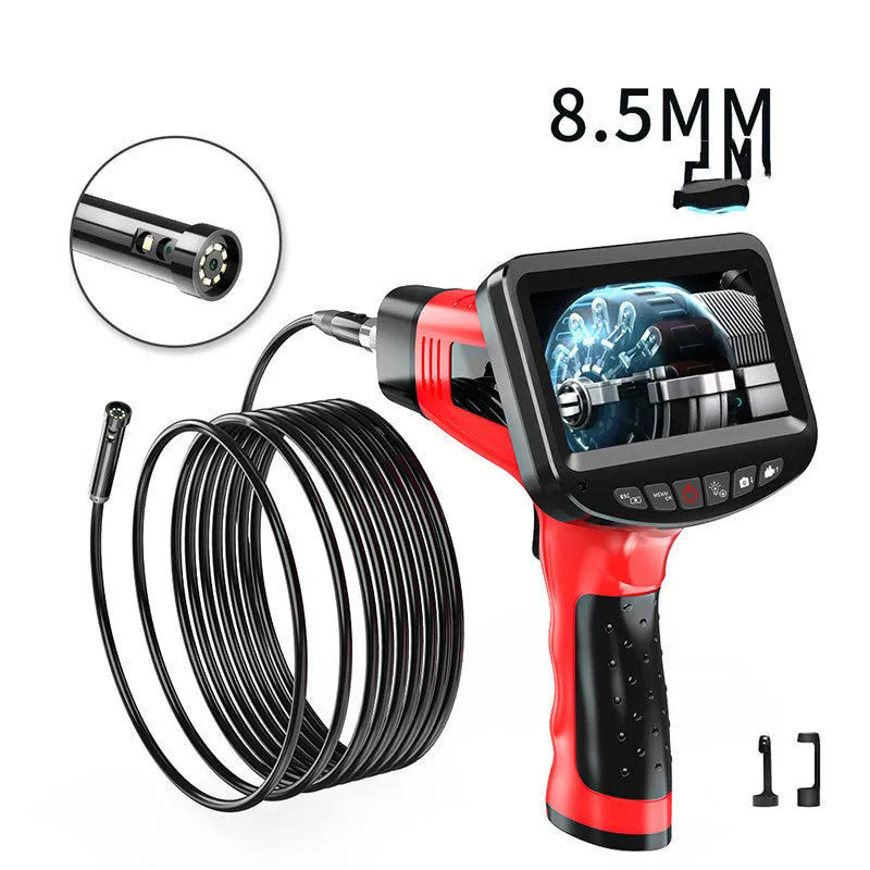 8.5mm diameter dual-lens endoscope camera with hard wire cable and memory card.