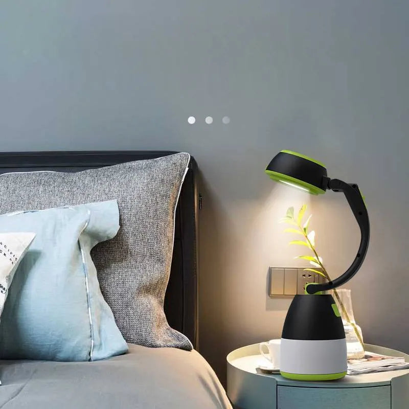 Black green foldable 3-in-1 LED camping lamp with USB charging port shown in open and closed positions.