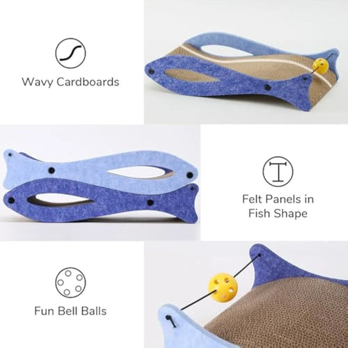 Blue fish-shaped cat scratcher with bell balls on elastic cord, corrugated cardboard construction