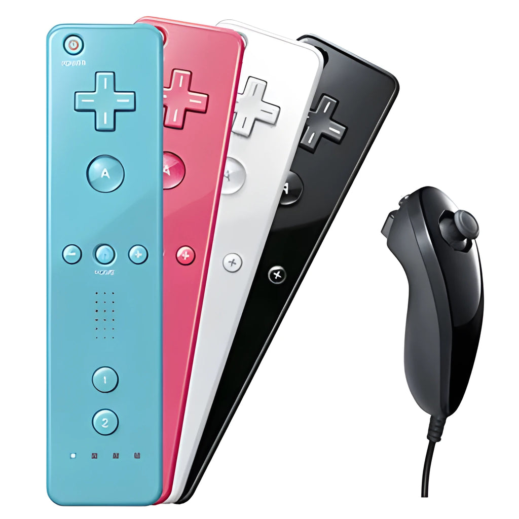 Wii left and right wireless gamepad controllers in multiple colours with rubber sleeve on right-hand unit