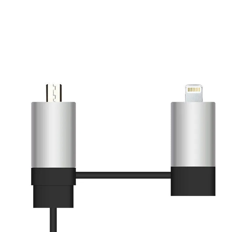 Black and gold dual USB car charger with retractable cable extended from compact body