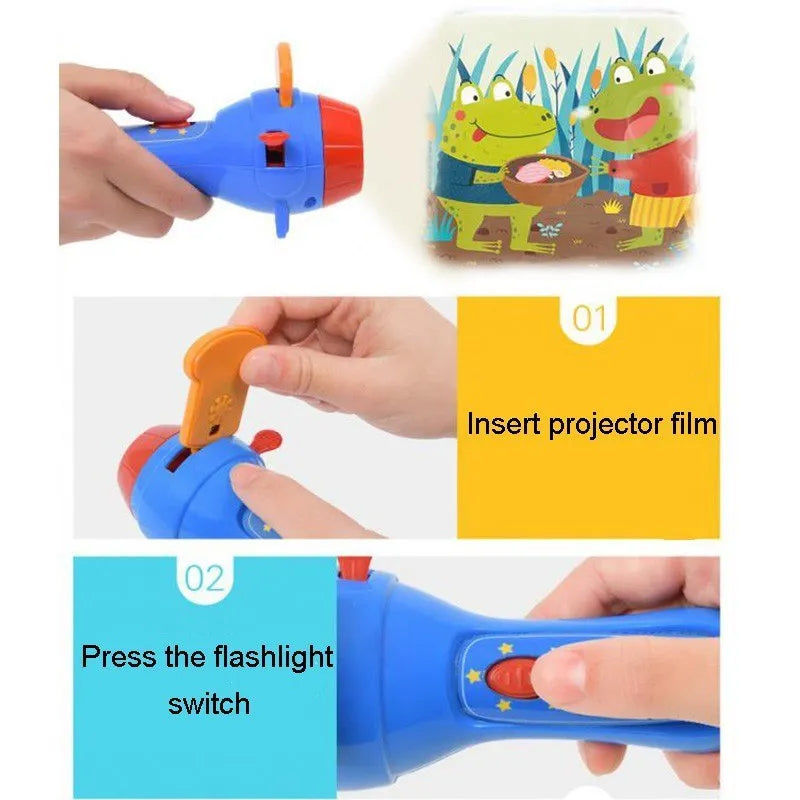 SmartKids story projector torch with four projection discs showing fairy tale images on bedroom wall