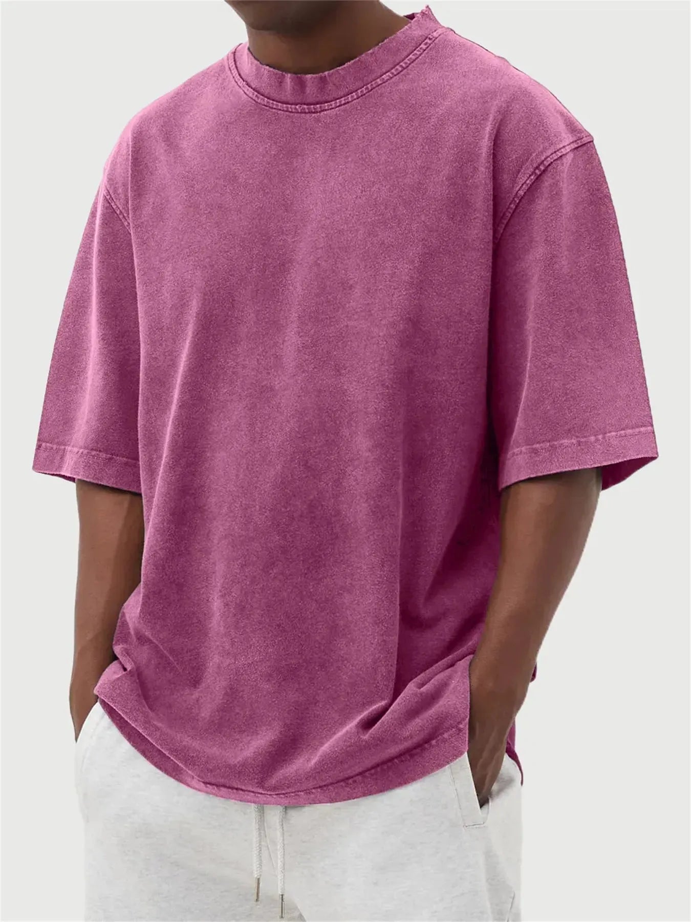 Men's distressed stone wash pullover T-shirt in loose fit with half sleeves available in multiple solid colours