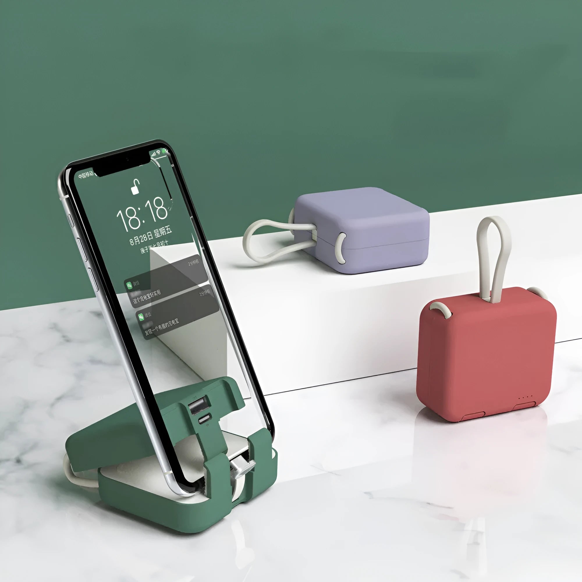 Handbag back clip power bank in blue showing clip, phone stand function, and type-c/USB-A charging ports