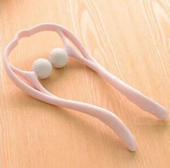 Blue handheld neck and shoulder massager with 3D floating-point heads and an adjustable plastic stand.