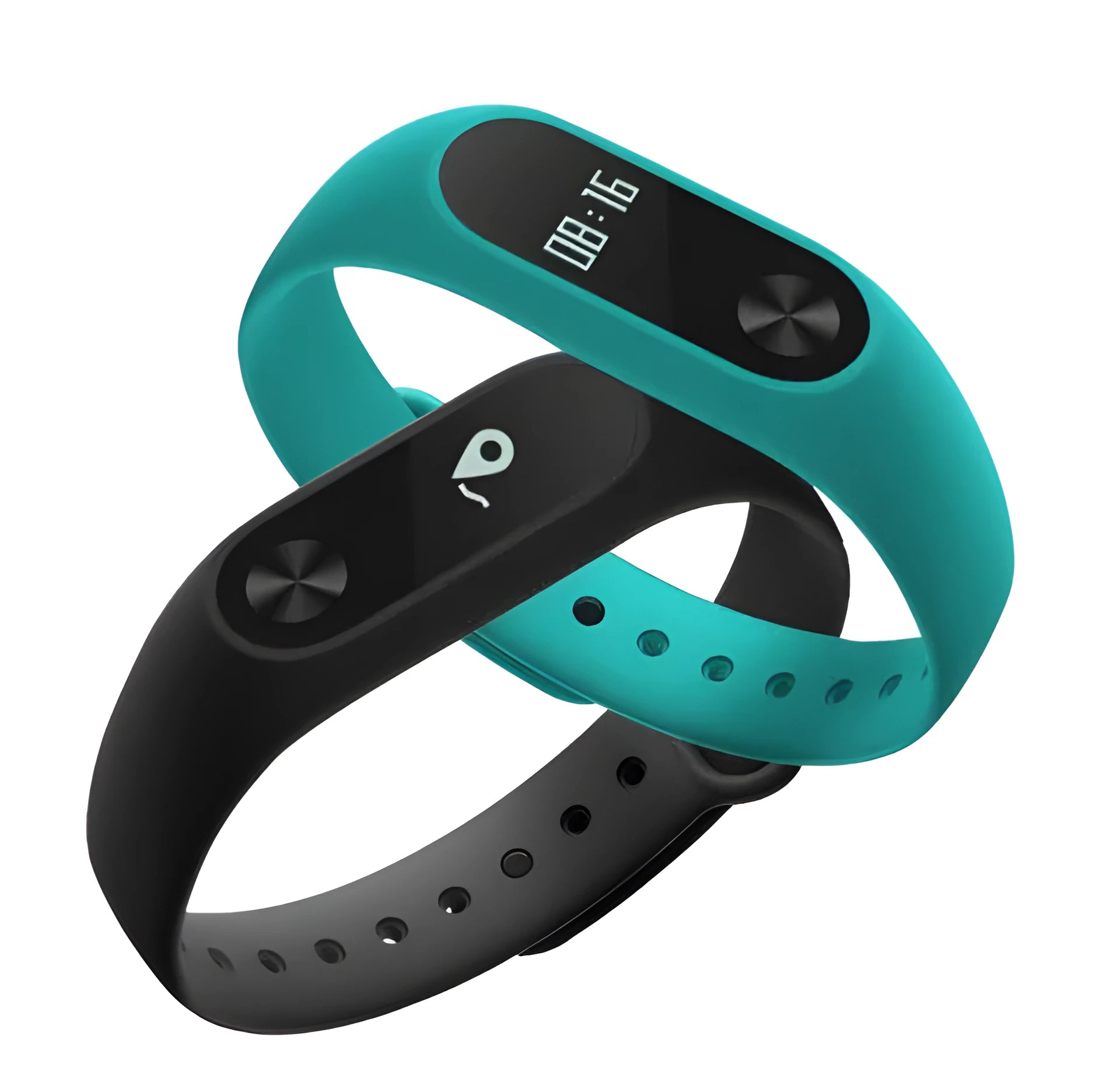 Black Xiaomi Mi Band 2 fitness tracker on wrist showing OLED display with heart rate data.